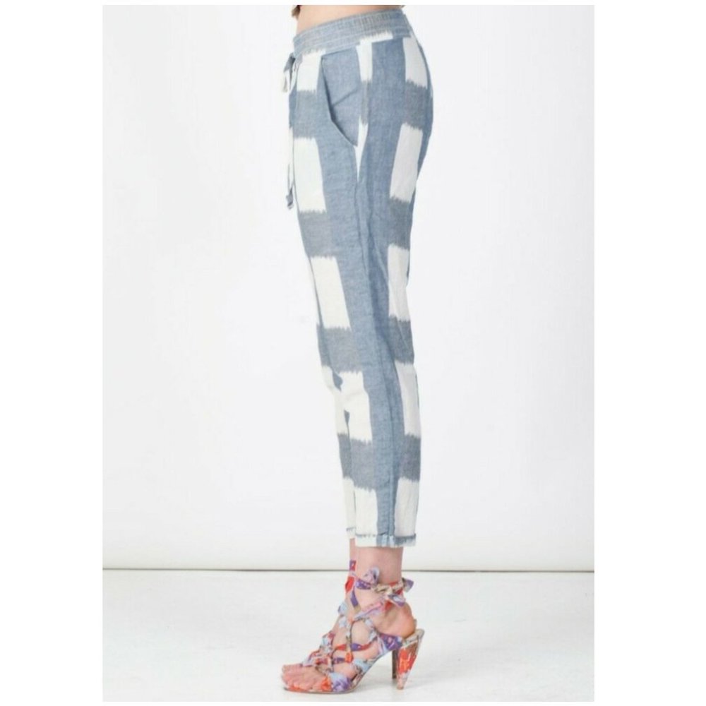 NWT CURRENT/ELLIOTT Blue Pattern Linen Track Pants FR 1 S Made in USA MSRP $148